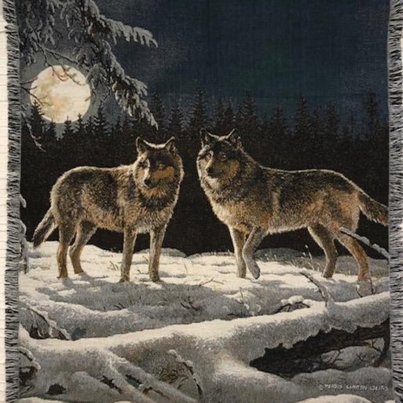 🔵 PENDING NEW LISTING - Moon Rise Wolves Woven Tapestry Throw - Christmas Gift? - Picture 1 of 14